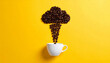 © Athiphat - Coffee bean cloud raining into white cup on yellow background minimalist concept creative design modern style clean cheerful unique coffee art morning inspiration