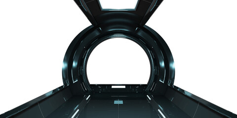 Wall Mural - Futuristic round spaceship with glowing lights. 3D rendering. Black starship interior with isolated cut out transparent window