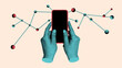 © master1305 - Contemporary collage. Hands holding smartphone with connected network nodes. Concept of technology and IT, mobile applications, SaaS solutions, infographics, and data visualization.