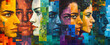 © tu - Vibrant contemporary collage of overlapping abstract faces in multiple scales and tones representing diversity, humanity, and cultural richness through modern artistic