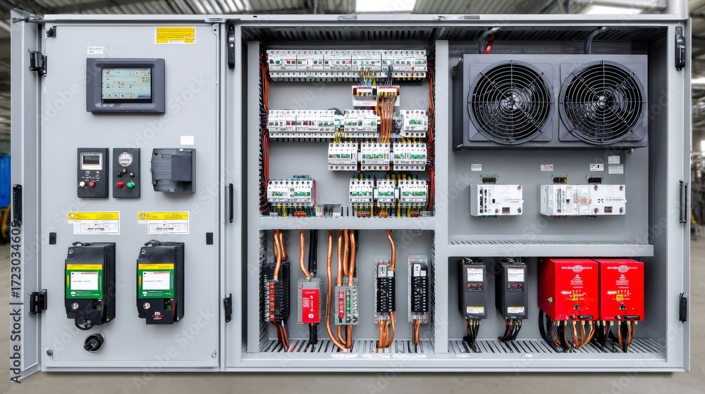 Ec Fan Array Control Panel Open electrical control panel showing cooling fans, wiring, and circuit ...