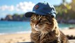 © Avyka - A tabby cat wearing a blue baseball cap on a beach