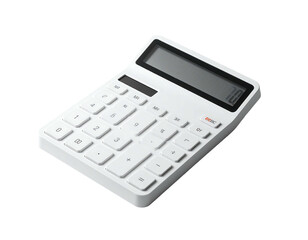 A sleek, white calculator with a dark gray display sits at a slight angle, showcasing its buttons and functionality.  The calculator appears modern and minimalist
