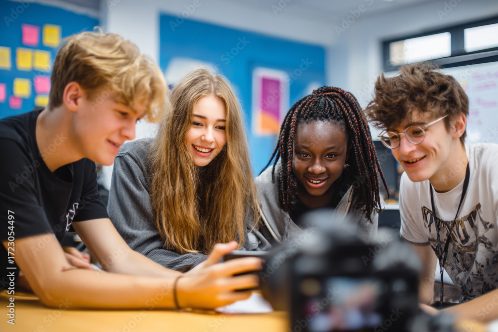 Students working on a group project, filming via a smartphone and ...