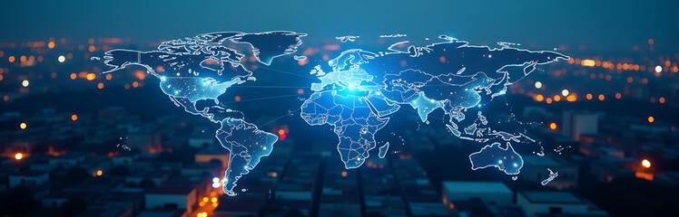 Wall Mural - global network interconnected cities communities radiate central hub illuminated soft blue light hig