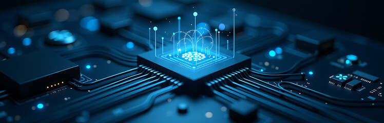 Wall Mural - futuristic neural network hub glows ethereal blue light dimly lit lab surrounded sleek wires