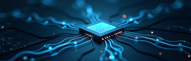 Wall Mural - futuristic neural network hub glows ethereal blue light dimly lit lab surrounded sleek wires