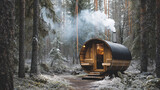 Smoke rising from wooden barrel sauna chimney, surrounded by snow-covered forest, evoking cozy winter relaxation and peaceful nordic tranquility