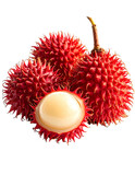 Two whole and one halved red rambutan fruits, showcasing their spiky exterior and creamy white interior, against a black background