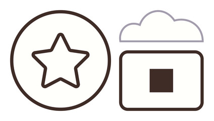 Star enclosed in a circle next to a cloud and square box, symbolizing excellence, digital storage, and organization. Ideal for tech, goals, creativity, innovation progress business. Simple flat