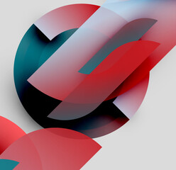 Wall Mural - Abstract composition. Overlapping shapes, red, teal, white gradients create dynamic visual effect. Minimalist design.