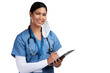 © Sumeet K Video/peopleimages.com - Clipboard, portrait and doctor, nurse or woman isolated on transparent png background for surgery schedule or health service. Documents, checklist and face of medical worker, surgeon or latino person