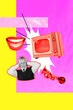 © deagreez - Trend artwork composite banner 3D photo collage of frequency electric tuner tv watch brainwashing fake news aged man cover ear lips smile