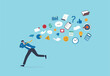 © Premium art - Information overload, excess distraction or overworked, overwhelmed data consume, problem with schedule or workload concept, frustrated businessman run away from flying social and work information