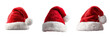 © SHIMA - Set of Christmas Santa hat in vibrant red with fluffy white edge and pom-pom on transparent png background. Ai generated