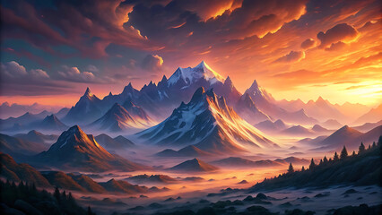 Wall Mural - Cinematic Landscape Of Mountains Glowing In Sunset Horizon
