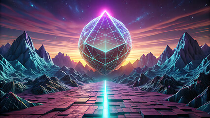 Wall Mural - Digital Surreal Landscape With Glowing Geometric Structures