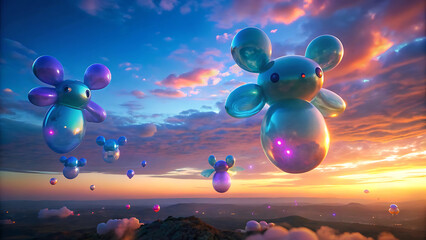 Wall Mural - Dreamy Glowing Balloon Animals Floating Across Pastel Sky