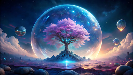 Wall Mural - Dreamy Glowing Crystal Tree Growing Inside A Giant Cave