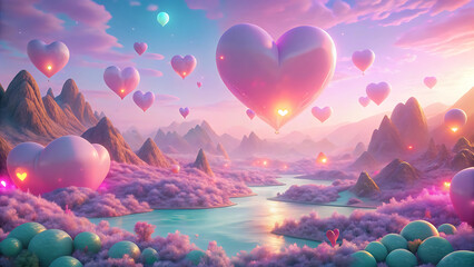 Wall Mural - Dreamy Glowing Hearts Floating In A Surreal Pastel Sky