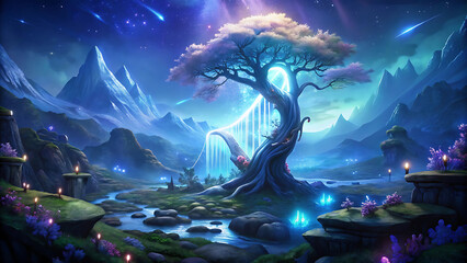 Wall Mural - Fantasy glowing harp tree in enchanted valley surreal design