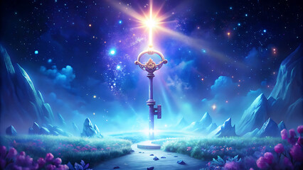 Wall Mural - Fantasy glowing magical key floating in starlight surreal sky