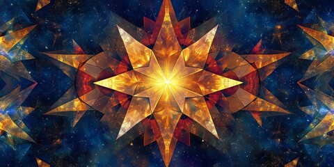 Wall Mural - Colorful starry sky with a large yellow star in the center. The stars are scattered throughout the sky, creating a sense of depth and movement. Scene is one of wonder and awe