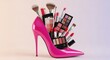 © Ultimate Image Flow - Creative arrangement of makeup products including lipsticks, eyeshadow palettes, and brushes inside a pink high heel shoe on a gradient background