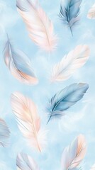 Wall Mural - blue and white background with a pattern of feathers