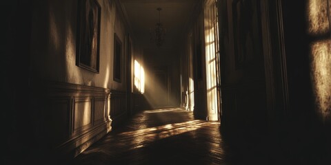 Wall Mural - Hallway with a window in the middle. The light is shining on the floor. The hallway is dark and empty