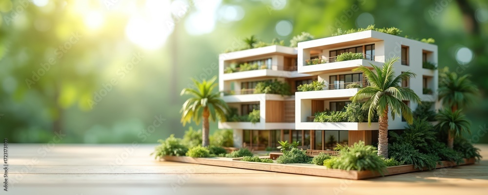 Image showcasing Architectural model of sustainable apartment building with palm trees ...