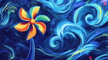 Wall Mural - A vibrant painting featuring a colorful flower against a swirling blue background. The artwork captures a sense of movement and energy, perfect for brightening up any space.