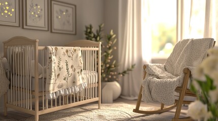 Wall Mural - nursery room with a crib, rocking chair, and a vase. the room is decorated with a floral blanket and