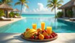 © miss irine - Tropical paradise with tray of fruits drinks. Poolside scene with clear blue water, palm trees, sandy beach vacation holiday vibe. Sunny vacation mood, relax, spa resort, luxury travel.