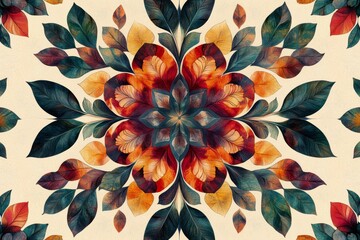 Wall Mural - Colorful flower pattern with leaves and flowers. The flowers are orange and green. The pattern is very detailed and intricate