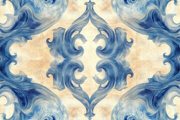 Wall Mural - The image is a blue and white design with a lot of detail. It has a lot of blue and white swirls and patterns