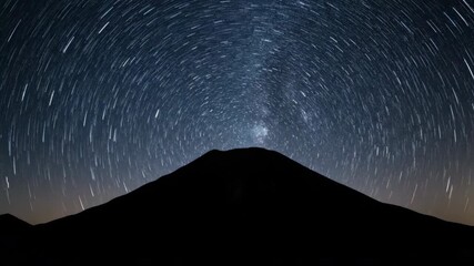Wall Mural - The celestial dance of stars rotates above a dark volcanic silhouette under a clear night sky, presented as a mesmerizing astro timelapse stars rotates, meditation, earth