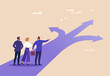 © nadzeya26 - Decision-Making Concept. Vector cartoon illustration of a business team standing at a crossroad with multiple arrows, discussing and choosing the right path toward success and future opportunities.