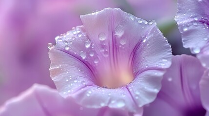 Wall Mural - Enchanting Close-Up of Morning Glory Blossom with Lavender Petals and Sparkling Dewdrops in Sunlight