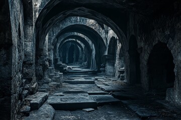 Wall Mural - Dark, narrow tunnel with a stone wall on either side. The tunnel is long and narrow, with a stone floor. The atmosphere is eerie and mysterious