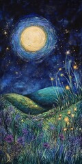 Wall Mural - painting of a moonlit night with a field of flowers