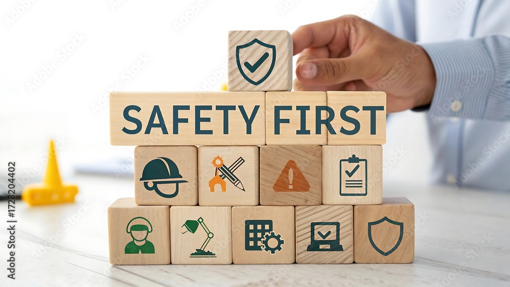 Workplace Safety and Health Blocks with Helmet, Icons, and Regulations ...