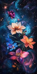 Wall Mural - a captivating floral arrangement emerges from a cosmic background, showcasing vibrant colors and swi