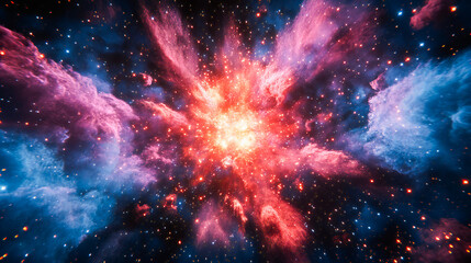 A vibrant 2025 New Year celebration with fireworks, watercolor floral designs, and a powder burst effect, blending festive city life with cosmic space nebula and supernova explosions in modern digital