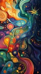 Wall Mural - A colorful painting of a river with a flower on the right