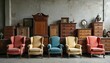 © miss irine - Collection of vintage furniture. Wingback armchairs, wooden cabinets, dressers. Antique pieces in various colors set against wall. Old home decor, interior design inspiration for home or office.