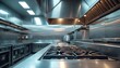 © miss irine - Modern commercial kitchen equipment in stainless steel. Range, grill, ventilation hood. Polished surfaces. Restaurant, eatery utensils. Pro cooking, food preparation. Clean design, high-end