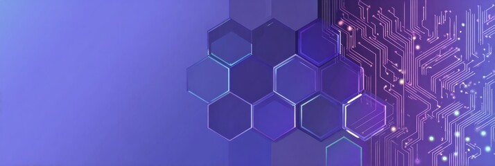 Abstract hexagonal blue purple gradient background with circuit board digital elements for technology engineering design software development banners and computer science presentations.