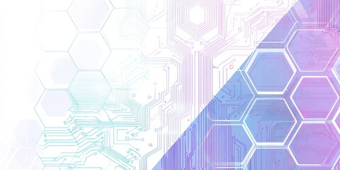Abstract hexagonal blue purple gradient background with circuit board digital elements for technology engineering design software development banners and computer science presentations.