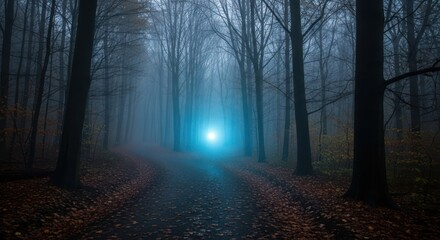 Wall Mural - Mysterious glowing light illuminates a foggy forest path at dusk